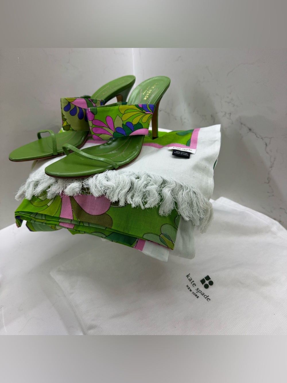 Kate Spade NY Green Floral Heels & Fringe Scarf Set Women’s 9B